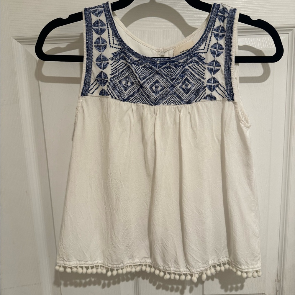 White & Blue Aztec Sleeveless Top, Medium, Women’s Clothes, Harper Women’s Shirt